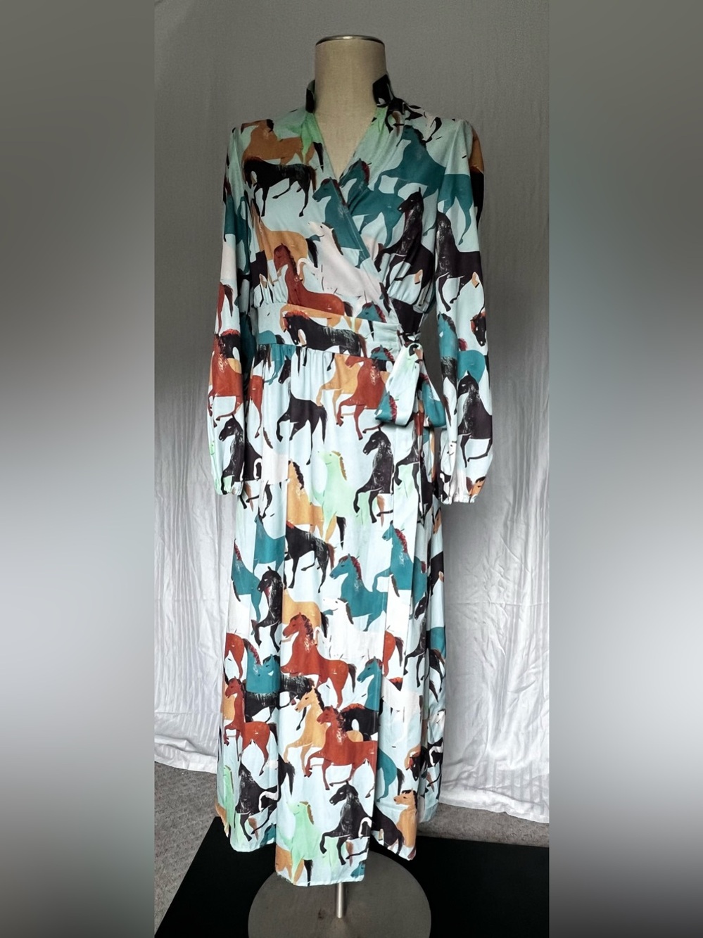SundayUp Horse Print Wrap Maxi Dress Women’s Large Long Sleeve Equestrian